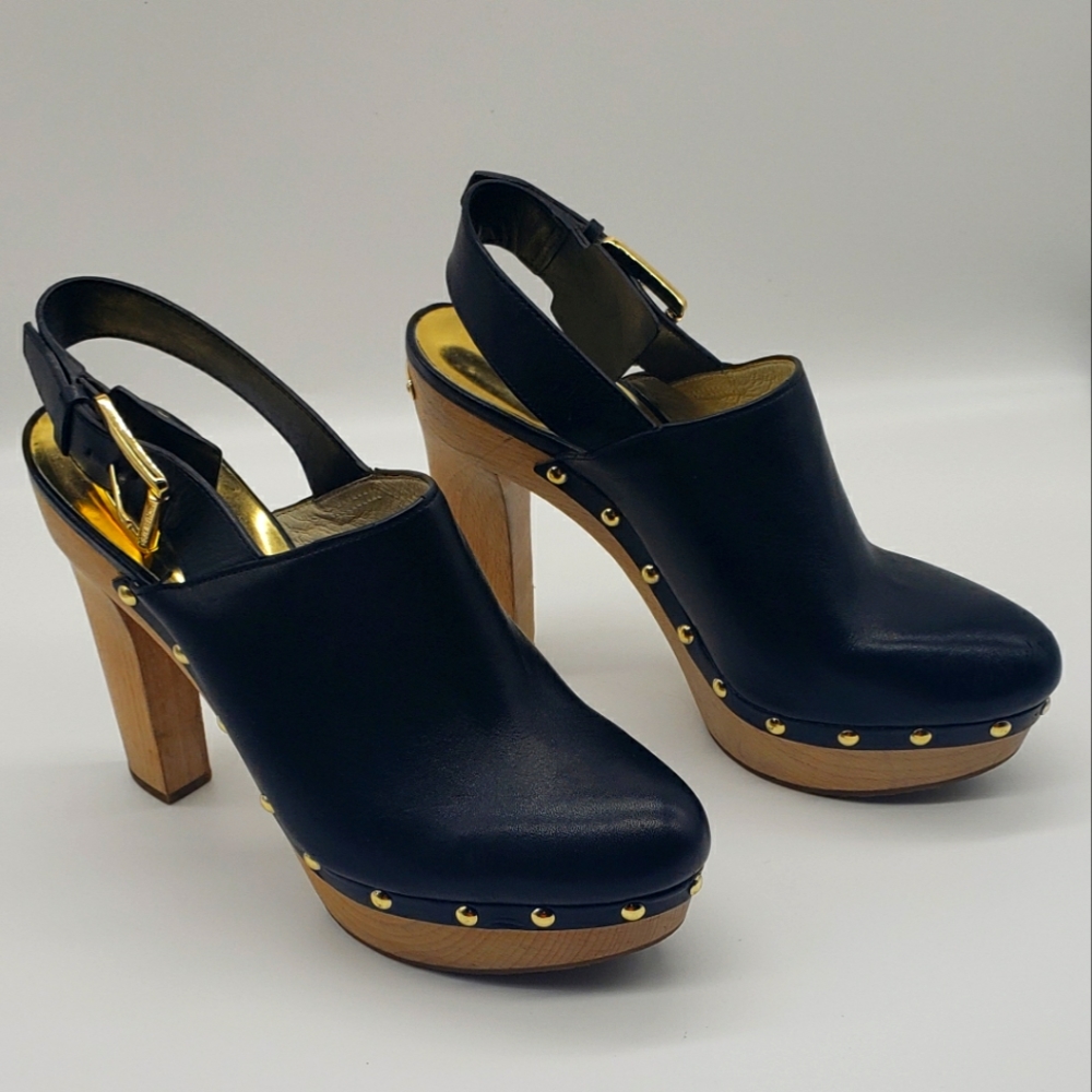 Michael kors black platform clogs with heel strap and gold studs, Size 8.5.